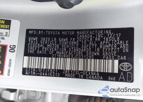 2018 Toyota Corolla Le из США, поврежденный, VIN 2T1BURHEXJC031295